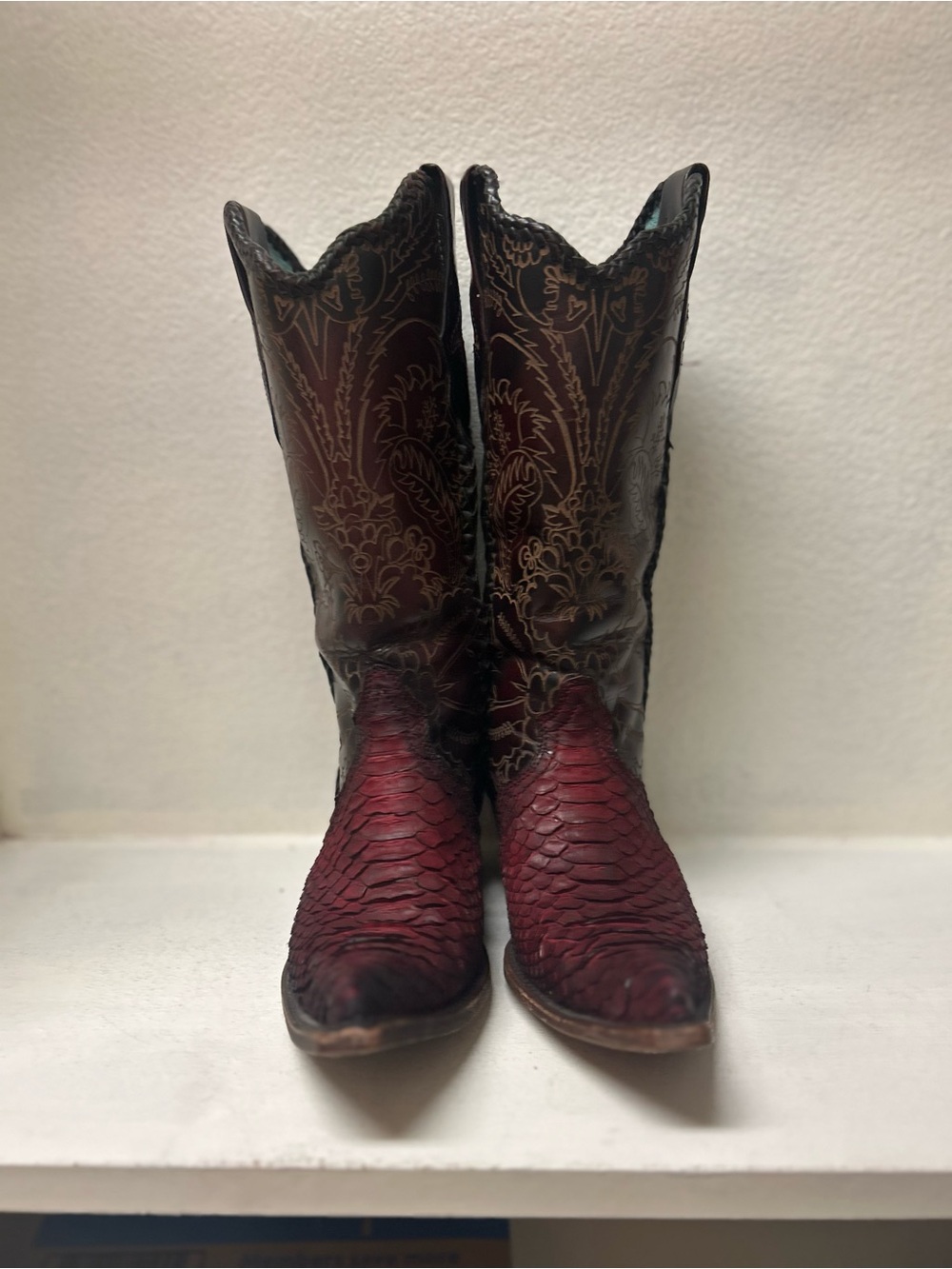 Women's Red Embossed Western Heeled Boots